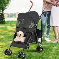 YITAHOME Passeggino per cani a 4 ruote con tracolla, passeggino per cani di piccola e media taglia, pieghevole, con portabicchieri e borsa portaoggetti (nero)