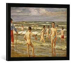 Ingelijste foto van Max Liebermann "Badende Knaben", kunstdruk in hoogwaardige handgemaakte fotolijst, 60x40 cm, zwart mat