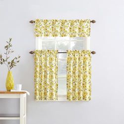 No. 918 Sunbeam Sunflower Print Semi-Sheer Rod Pocket Kitchen Curtain Valance and Tiers Set, 54" x 36", Yellow