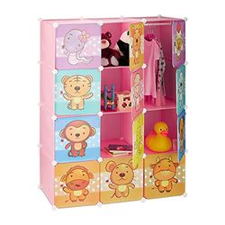 Relaxdays Étagère rangement enfants casier modulable plastique animaux penderie armoire portes tringle, rose