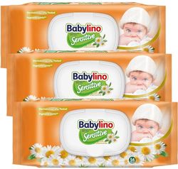 Chusteczki dla niemowląt Babylin Sensitive o delikatnym zapachu rumianku, 98% Naturalna formuła przywracająca PH skóry, 3 opakowania z zamknięciem oszczędzającym świeżość, 162 Chusteczki