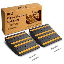 Pyle 1 Ft. Each Double Pack Rubber Threshold Curved Curb-Side Ramp with Yellow Reflective Lighting Strip and Expansion Screws, One Size