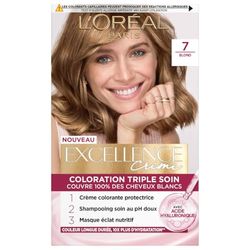 L’ORÉAL PARIS - Coloration Cheveux Permanente Triple Soin - Couvre 100% des Cheveux Blancs - Excellence Crème - Nuance : Blond (7)