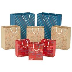Hallmark Assortimento di sacchetti regalo riciclabili (8 sacchetti: 3 piccoli da 15,2 cm, 3 medi da 22,9 cm, 2 grandi da 33 cm) per festeggiare, stelle, strisce, rosso, blu, marrone kraft per