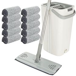 ASelected Set di mocio piatto e secchio, mocio a mani libere, con 10 panni in microfibra riutilizzabili e manico lungo 123 cm, manico in microfibra per piastrelle, marmo, legno duro