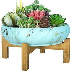 ARTKETTY Växtkrukor inomhus, 25,5 cm stor blomkruka med dräneringsställ marmor suckulent växtkruka, grunda keramiska krukor för utomhus kaktus växter dekorativ trädgård bonsai växtskål