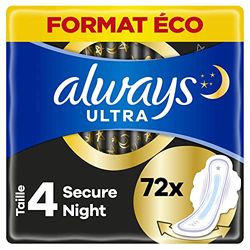 Always Ultra assorbenti da donna, taglia 4, Secure Night, 72 assorbenti con ali (6 x 12 pezzi), confezione mensile, ultra sottili e super assorbenti