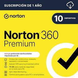 Norton 360 Premium 2025| Antivírus 10 Dispositivos|1 año | Descarga digital