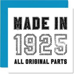 Stuff4 Carte d'anniversaire de 98 ans pour homme et femme fabriquée en 1925 toutes les pièces originales – Carte d'anniversaire amusante pour grand-père, grand-mère, grand-mère, 145 mm x 145 mm