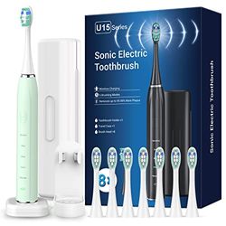 Brosse à dents électrique pour les voyages en famille - Brosses à dents soniques pour adultes et enfants avec 8 têtes de brosse, 5 modes de nettoyage, étui de voyage, vert clair