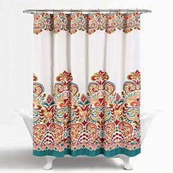 Lush Decor Clara douchegordijn - stof kleurrijke boho paisley damast print ontwerp, 182 x 182 cm, turquoise & mandarijn