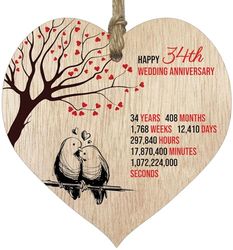 34th Wedding Anniversary Wooden Heart Plaque, Light Wood Sign Keepsake, Celebrate Anniversary Wife Husband Boyfriend Girlfriend, Plaque with Quotes Gifts from the Kids