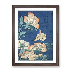 Kaigetsudo Ando Peonies And Canaries Asian Japanese Framed Wall Art Print, Ready to Hang Picture for Living Room Bedroom Home Office Décor, Walnut A4 (34 x 25 cm)