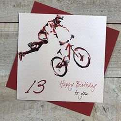 WHITE COTTON CARDS Mountain Biker, Happy 13" Handmade 13th boys Birthday Card, White, SB13-13