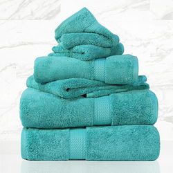 Superior Lot de 6 Serviettes en Coton égyptien Pelucheux Ultra Doux, 2 draps de Bain, 2 essuie-Mains, 2 Serviettes pour Le Visage, pour Salle de Bains d'invités, Spa, hôtel - Turquoise