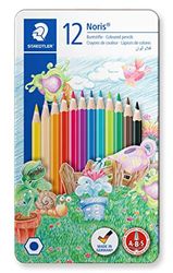 Staedtler 145AM12 Noris 144, Crayons De Couleur De Haute Qualité Avec Système Anti-Casse, Mine Douce De 3 Mm, Boîte En Métal Avec 12 Couleurs Vives Différentes