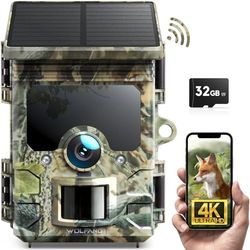 WOLFANG Solar Wildlife Camera 4K 46MP, WiFi Bluetooth Trail Camera met Nachtzicht Motion Activated 0.1s Trigger Time IP66 Waterdichte Game Camera voor Wildlife Monitoring met U3 32GB Micro SD-kaart