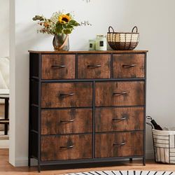 DUMOS Commode met laden - commodes & dressoirs geschikt voor slaapkamer, comodenkast met 9 laden, stoffen commode met stabiel stalen frame, ideaal voor slaapkamer, woonkamer (vintage bruin)