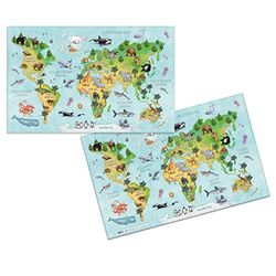HERMA 19667 Bureauonderlegger, wereldkaart, 3 stuks, afwisbare kinderschrijfonderleggers van karton, 55 x 35 cm, dubbelzijdig motief, tafelonderleggers, set voor meisjes en jongens
