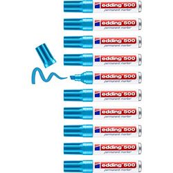 edding 500 permanent marker - lichtblauw - 10 stiften - beitelpunt 2-7 mm - watervast, sneldrogend - wrijfvast - voor karton, kunststof, hout, metaal, glas