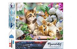 Figured’Art Diamond Painting Broderie Diamant 40x50cm Toile Entière Roulée avec Strass Perles Carrés - Chatons et Papillon - Kit Complet Animaux 5D DIY Activité Manuelle Loisirs Créatifs Adultes
