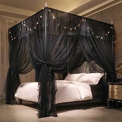VETHIN 4 hörn stolpe volang prinsessa säng baldakin gardin – dubbelskikt mysigt draperingsnät 4 öppningar myggnät för flickor vuxna sovrumsdekoration (dubbelsvart, 162 cm B x 208 cm L x 208 cm x