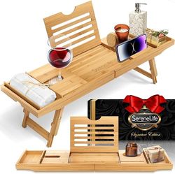 SereneLife Combo Plateau Baignoire/Petit-Déjeuner avec Coffret Cadeau - Plateau Salle de Bain en Bois de Bambou Naturel Imperméable avec Bras Coulissants Pliables- Planche de Bain