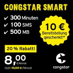 congstar Smart tarief [SIM, Micro-SIM en Nano-SIM] 24 maanden looptijd (8,00 euro/maand, 500 MB gegevensflat met max. 21 Mbit/s, maandelijks 300 minuten en 100 SMS) in de beste D-netkwaliteit.