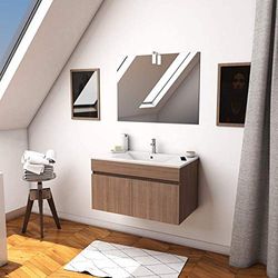 AURLANE Ensemble Meuble de Salle de Bain Chene Celtique 80cm Suspendu + Vasque ceramique Blanche + Miroir