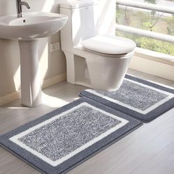 SHACOS Tapis de Salle de Bain à Poils Longs, antidérapant et Ultra Doux, Absorbant avec Toilettes en Forme de U, pour Salle de Bain, Baignoire, Douche (Gris foncé, 45 x 65 cm + 50 x 60 cm)
