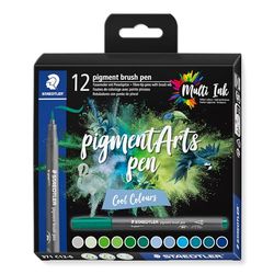Staedtler - pigment Arts - Pigment brush 371 - Etui carton 12 feutres pointe pinceau couleurs froides assorties - 371 C12-6