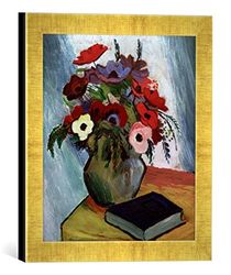 Ingelijste foto van August Macke "Stilleven met anemonen en blauw boek", kunstdruk in hoogwaardige handgemaakte fotolijst, 30x30 cm, Gold Raya