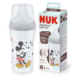 Biberon NUK Perfect Match | 3+ mois | S’adapte au palais de bébé | Contrôle de la température | Évent anti-coliques | 260 ml | Sans BPA | TÉTINE M en silicone | Disney Mickey Mouse [Gris]