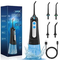 SURFOU Idropulsore Dentale Portatile 4 Modalità 4 Ugelli, 300 ml IPX7 Impermeabile USB Ricaricabile per Viaggi e uso Domestico