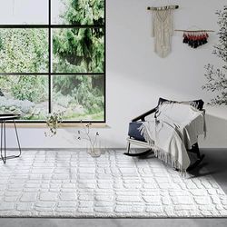 Elle Decor ation Tapis Artistique à Poils Longs, Moderne, à Poils Longs, Motif Moderne, Moelleux, Doux, bohème, pour Salon, Chambre à Coucher, Blanc crème, 120 x 170 cm