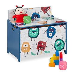 Relaxdays Coffre à Jouets, Motif Monstres, Malle de Jeux avec Couvercle, HLP : 50x60x36,5 cm, MDF, Rangement, Bleu/Blanc