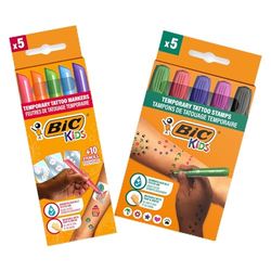 BIC Kids Temporary Tattoo Kit: Markers, Stencils and Stamps with Dermatologically Tested Fragrance-Free Ink - Pack of 5 Markers + 10 Stencils + 5 Stamps