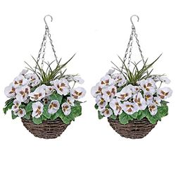 GreenBrokers - Lot de 2 paniers Suspendus avec Fleurs Blanches et Herbes décoratives artificielles