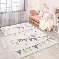 carpet city Tapis pour Enfant - Guirlande de fanions - 120 x 160 cm - Crème - Rose