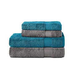 Komfortec Juego de 4 Toallas de 100% algodón, 2 Toallas de Mano de 50 x 100 cm y 2 Toallas de baño de 70 x 140 cm, de Rizo, Suave, Antracita, Gris/Turquesa