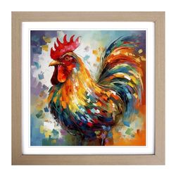Rooster Abstract Expressionism Framed Wall Art Print, Ready to Hang Picture for Living Room Bedroom Home Office, Oak 18 x 18 Inch (45 x 45 cm)