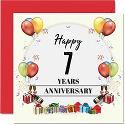 7th Anniversary Card for Husband Wife - Party Balloons - Happy 7th Wedding Anniversary Card for Partner, 145mm Greeting Cards Anniversaries
