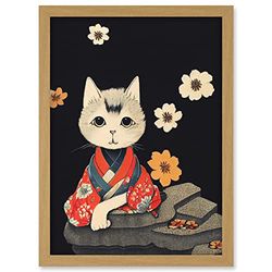 Doppelganger33 LTD Cute White Cat In Red Kimono Sitting On A Rock With Flowers Artwork Framed A3 Wall Art Print