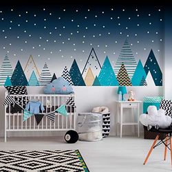 Ambiance Sticker Stickers muraux Enfants - Autocollant Mural géant Enfant Montagnes scandinaves Montagnes TIPIKA + 100 ÉTOILES PHOSPHORESCENTES - 90x155cm