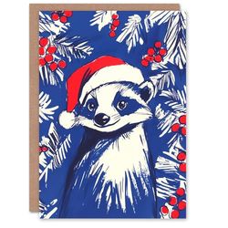 Artery8 Santa Hat Badger Holly Plant Berry Blank For Him Or Her Art Xmas Festive Christmas Card