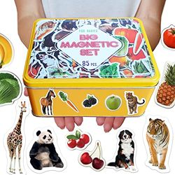 magdum 85 Fotos Set Animales&Frutas&Verduras en Caja de Lata de Regalo-imanes de bebé Realistas-85 Grandes Juguetes de imán para 3 años-Juegos Educativo Aprender magnético para niños-Teatro Magnético