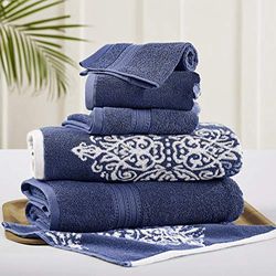 Amrapur Overseas | Artesia Damask 6 Piece Reversible Yarn Dyed Jacquard Towel Set (Indigo)