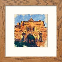 Lumartos, Edinburgh Castle Door Contemporary Home Decor Wall Art Watercolour Print, Dark Wood Frame, 12 x 12 Inches