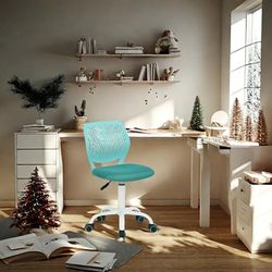 FurnitureR Silla de Trabajo para Adolescentes y niñas, giratoria de 360 Grados, Baja y Media de Malla de Polipropileno, Asiento Trasero, Altura Ajustable, Ruedas rodantes, Tela Turquesa