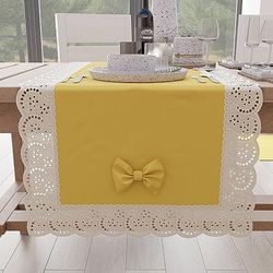 PETTI Artigiani Italiani - Table Runner, Kitchen Table Runner, Elegant Solid Colour Table Runner with Lace Frill and Bows, Cotton Runner, 40 x 140 cm, 100% Made in Italy